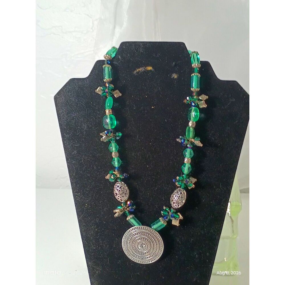 Southwestern Style Teal Green Beaded Medallion Pendant Necklace